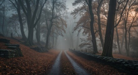 Early morning mist over medieval forest with fallen leaves and narrow path
