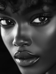 Fototapeta premium A black and white close-up portrait of a model with sharp cheekbones and intense eyes, dramatic lighting and contrast