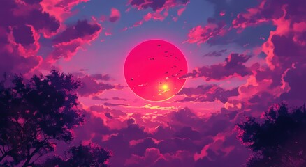 A vibrantly colored scene depicts a striking red sun in the sky