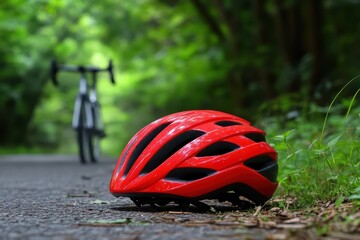 Bright Red Bicycle Helmet on Roadside with Bike in Nature Background