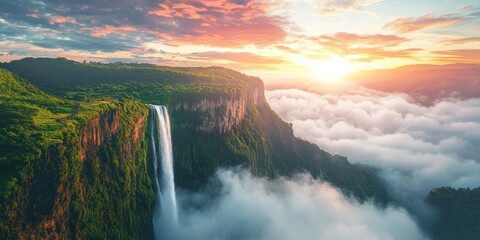A surreal landscape with gravity-defying waterfalls that flow upward into the clouds