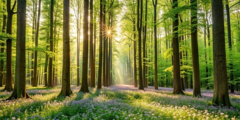Naklejka premium Towering trees stand tall amidst a sea of lush greenery as early spring arrives, with buds bursting forth and wildflowers blooming in every direction, lush green forest, foliage