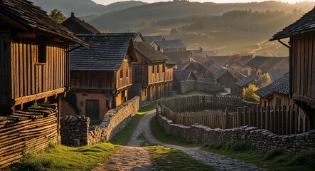 Early morning light on fortified medieval village with wooden palisade walls