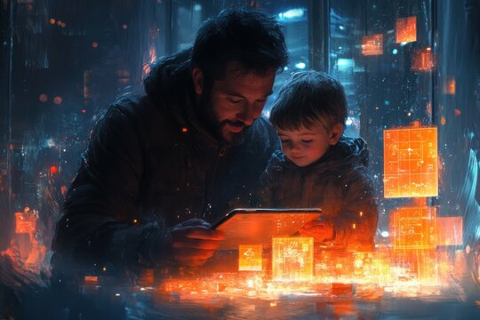 Father and Son Explore Future Learning with Augmented Reality Tablet and AI Interaction