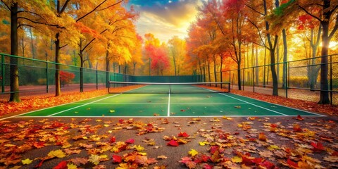Autumn tennis court with vibrant colors and scattered leaves