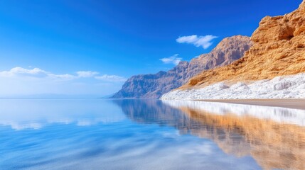 Obraz premium Tranquil Dead Sea shoreline, crystal-clear reflection