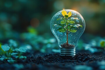 Eco-Friendly Energy Symbolism with Plant Growth in Bulb and Environmental Icons