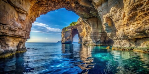 A majestic rock formation with a natural arch window in the stunning Blue Grotto caverns on the Mediterranean sea in Malta , blue grotto, blue waters