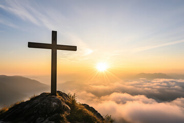 A wooden cross standing tall on a mountain peak at sunrise, bathed in golden light. The sky is painted with soft pastel hues, and a sea of clouds stretches below, symbolizing faith and hope.