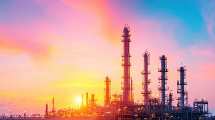 Obraz premium modern refinery silhouetted against vibrant sunset, showcasing advanced industrial structures and intricate piping systems. scene evokes sense of innovation and progress in energy production