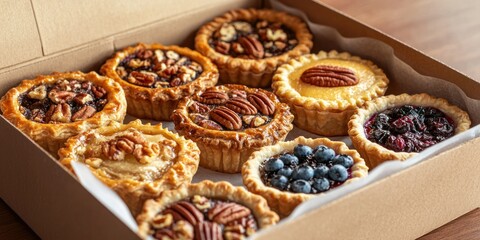 A bakery box filled with assorted mini pies, including apple, pecan, and blueberry, neatly arranged with parchment paper