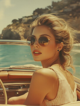 Fototapeta A young woman driving an open-top vintage car along a scenic coastal road, her sunglasses on, music playing, and a carefree smile on her face