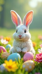 Fluffy bunny ears on a field of colorful flowers with Easter eggs scattered around, whimsical landscape, floral arrangement
