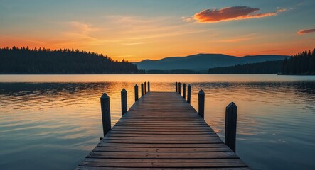 Fototapeta premium Empty wooden pier stretching into calm lake at dawn with orange sky