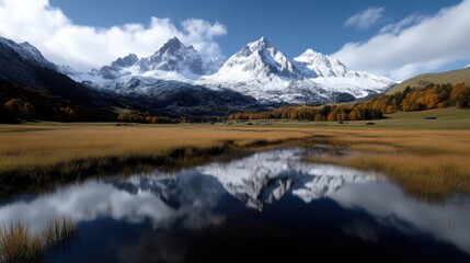 Fototapeta premium Majestic Alpine Mountains reflected in a tranquil autumnal pond. A serene vista of snow-capped peaks mirroring in a calm lake, surrounded by golden grasses and colorful fall foliage