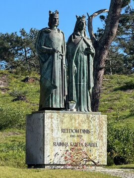 Monument of King Dom Dinis and Queen Santa Isabel of Portugal, standing by the pine forest he planted in Leiria and Marinha Grande, Sao Pedro de Moel area. He was called Farmer king and Poet king