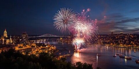 Fototapeta premium A dazzling display of fireworks lighting up the night sky over a cityscape, with vibrant colors and reflections in water