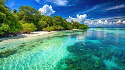 Sunny day at a secluded beach with crystal-clear turquoise water and powdery white sand surrounded by lush green mangrove forests and colorful coral reefs , seclusion, tropical paradise