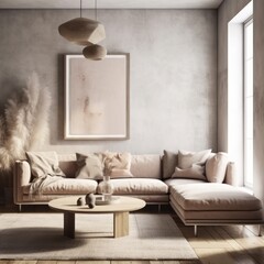 Scandinavian Living Room Mockup Poster Frame in Modern Interior with Natural Textures and Neutral Tones