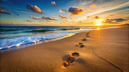 footprints on sandy beach at sunset, ocean, soft focus ,  ocean, soft focus , outdoor scene