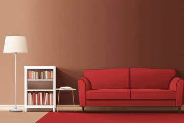Red couch, beige wall, bookshelf, lamp, interior design