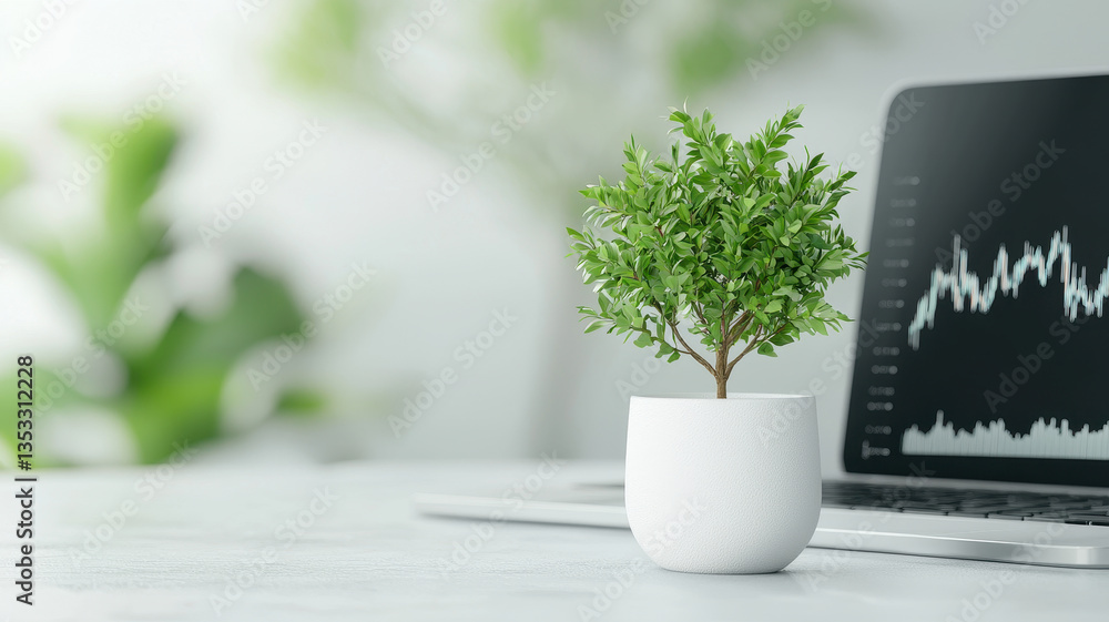 Poster small potted plant sits on desk next to laptop displaying financial graphs, creating serene workspac