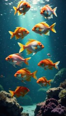 Fototapeta na wymiar School of colorful fish swimming together, food graphics, marine art