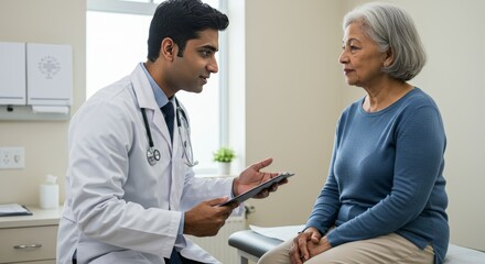 Obraz premium Compassionate physician consulting senior patient about healthcare on tablet