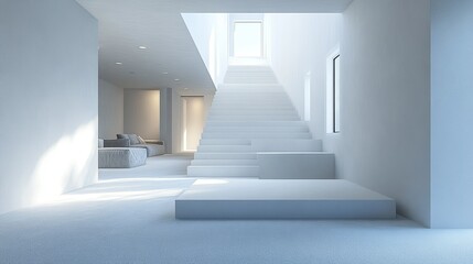 Obraz premium Bright Home Interior with Hallway, Stairs, and Furniture, 3D Render