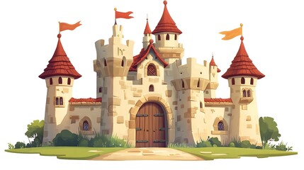 Fototapeta premium Majestic Medieval Castle Illustration with Red Roofs for Historical Architecture Enthusiasts