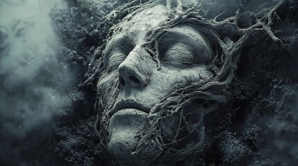 Stone face overgrown with roots, shrouded in mist.
