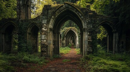Mysterious Stone Arches of an Ancient Ruin Embraced by Lush Green Nature