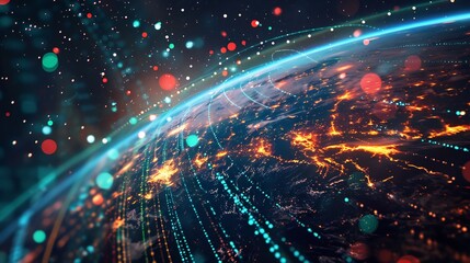 Fototapeta premium Artistic visualization of global transactions flowing through mobile devices featuring QR codes NFC payment systems and real time digital money transfers symbolizing the future of cashless payments