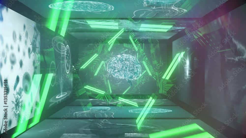 Poster futuristic digital brain and data processing animation with green neon lights
