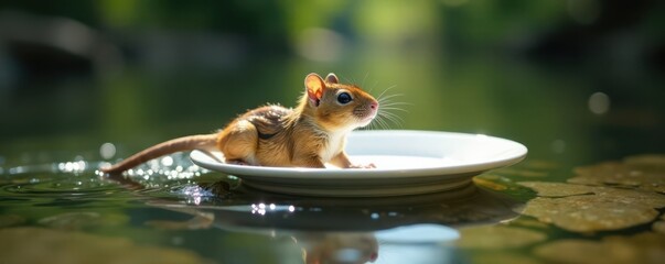 White plate-bearing rodent swimming in the river, grey, animal