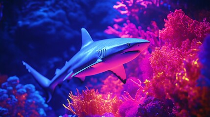 Obraz premium Vibrant Underwater World: A Shark's Journey Through Coral Reefs