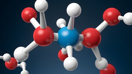 Molecular structure showcasing interconnected atoms in red, white, and blue colors against a dark background