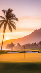 stunning golf course at sunset, featuring lush green grass, flag gently waving in breeze, and palm trees silhouetted against vibrant sky. serene atmosphere evokes sense of tranquility and beauty