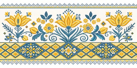 Cross-Stitch Embroideried Seamless Border with Ornate Element. Ethnic Motif, Handmade Stylization. Traditional Ukrainian Yellow and Blue Embroidery. Ethnic Design Element. Vector 3d Illustration 
