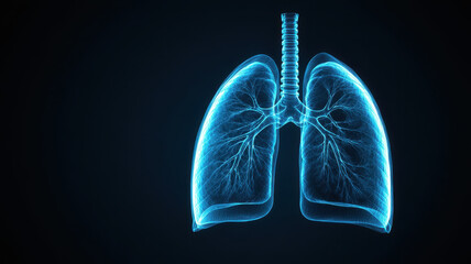 detailed animated representation of human lungs, showcasing intricate branching structures and glowing blue outline against dark background. This visual emphasizes importance of breathing
