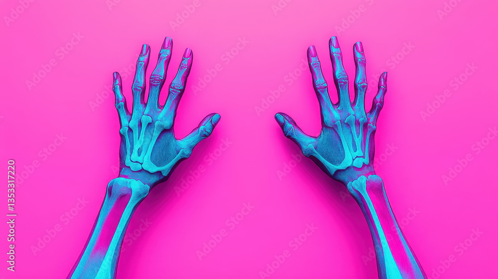 Poster radiant hands with vibrant x ray effect showcase intricate bone structures against bright pink backg