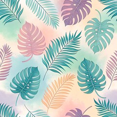Fototapeta premium A seamless tropical pattern featuring palm, monstera, and fern leaves in a gradient of pastel colors, blending into a dreamy, soft background 