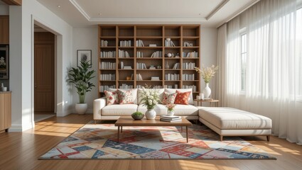 Fototapeta premium Bright And Spacious Modern Living Room With Elegant Furniture And Cozy Decor Elements