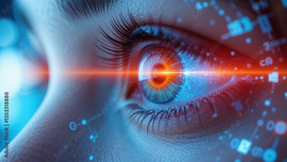 Poster close-up of a futuristic eye with digital data overlay and glowing elements in a vivid setting