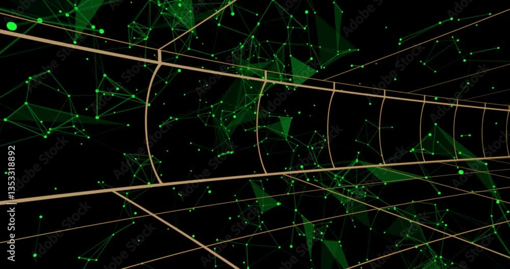 Poster animation of green geometric shapes and lines forming network on black background