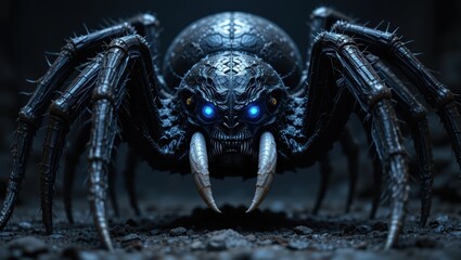 Close-Up View of a Realistic Black Spider with Glowing Blue Eyes in an Eerie Dark Environment