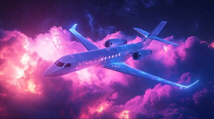 Fototapeta premium Private Jet Soaring Through a Vibrant Galaxy Cloudscape Dreamscape