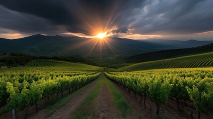 Fototapeta premium Stunning vineyard landscape at sunset, vibrant green vines stretching across rolling hills, dramatic clouds and sun rays