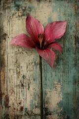 Single pink flower against distressed vintage wooden background
