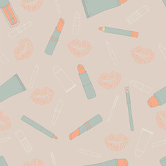 Beauty seamless pattern with lipstick, lip pencil, kisses and face cream. Cute endless print for beauty products, cosmetics store, makeup package and other use. Vector illustration. Not AI created.
